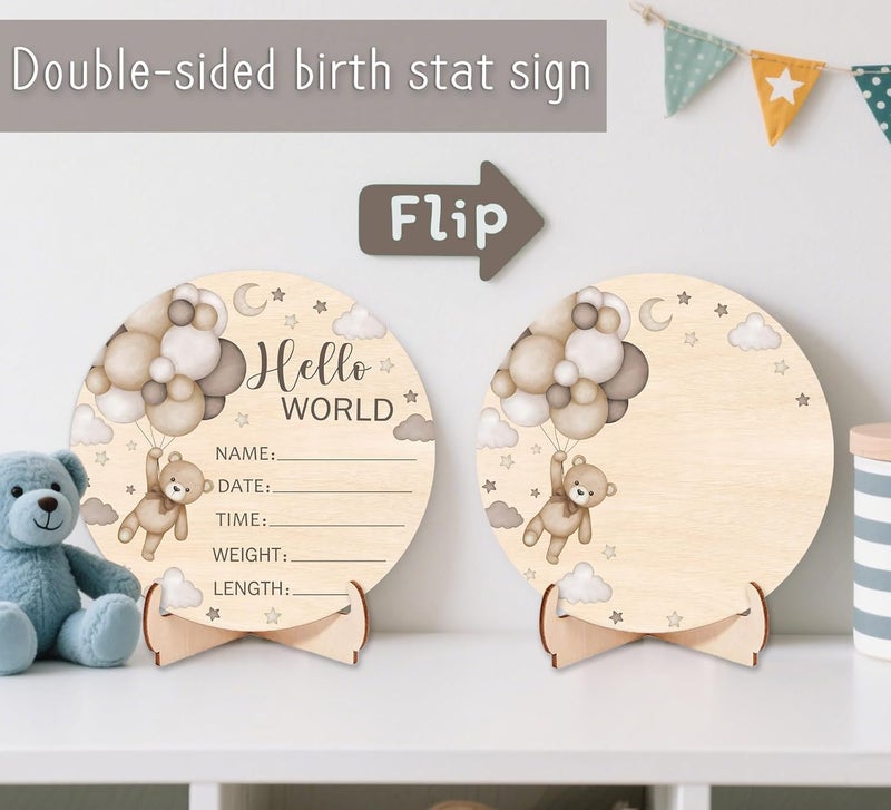 Andrain Double-Sided Wooden Newborn Birth Sign, Brown Bear Baby Announcement Sign, Bear Hello World Name for Hospital, Gift for New Mom Baby Shower, Photography Prop - Image 2
